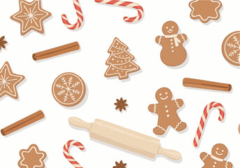 Festive Christmas-themed illustration featuring various gingerbread cookies, candy canes, and rolling pin on a white background.