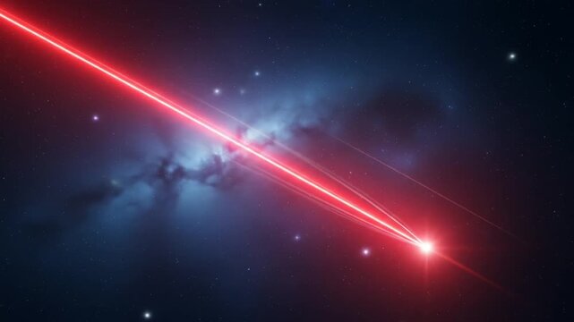 A powerful red laser beam cutting through a dark cosmic nebula with stars.