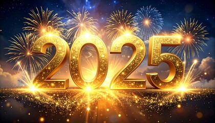 Golden numbers indicating the new year 2025, illuminated by sparkling lights and fireworks in a night sky filled with clouds