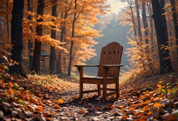 cozy adirondack chair in fallen leaves in a sunlit forest. fall background. tranquility, solitude and outdoor relaxation concept