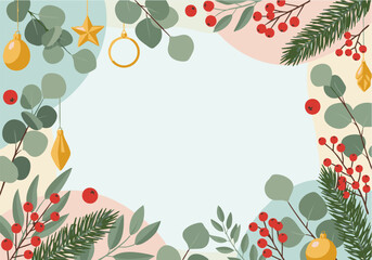 Festive holiday background featuring eucalyptus, berries, ornaments, and evergreen branches, with a central blank space.