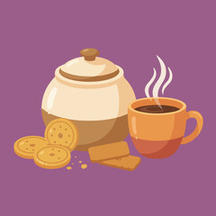 A delightful illustration features a sugar bowl, a cup of hot coffee, and a selection of round and rectangular cookies, all set against a purple background.