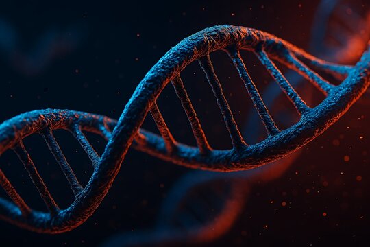 A detailed 3D render of a DNA double helix structure, illuminated with blue and red light against a dark background.