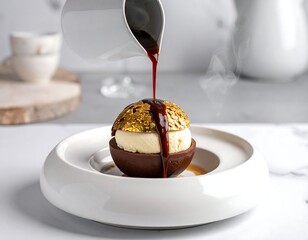 Gourmet dessert with liquid pouring over spherical food on white plate