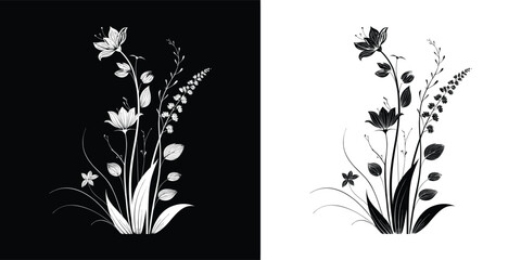 Black and white illustration of delicate wildflowers and foliage, botanical art, isolated on white background