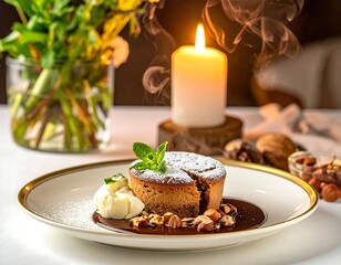 Gourmet dessert with nuts candle and flowers perfect for culinary projects