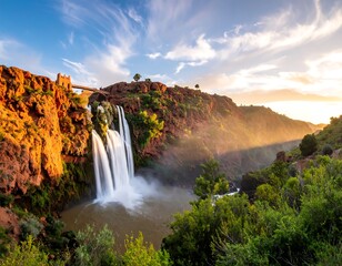 Cascading waterfalls amidst reddish cliffs, shrouded in sunlight, under a partly cloudy sky