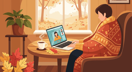 Obraz premium Cozy autumn video call: Relaxing at home with a warm blanket, coffee, and laptop for connection and conversation during fall season with calming nature view