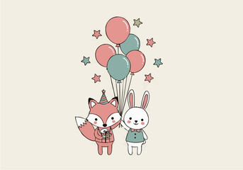 A cute cartoon fox wearing a party hat holds a present, standing next to a bunny holding balloons and surrounded by stars.