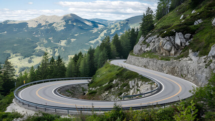 A winding mountain road under a blue sky through a verdant alpine landscape