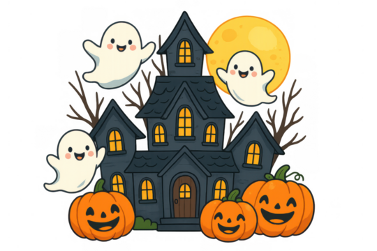 Cute halloween haunted mansion with happy ghosts and smiling jack-o'-lanterns under a bright full moon - Powered by Adobe