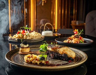 Gourmet meal on a dark table featuring delicious food and plating design