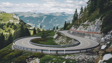 A winding mountain road under a blue sky through a verdant alpine landscape