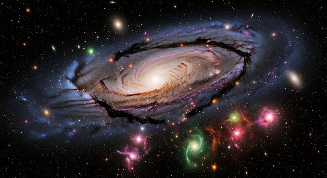 Majestic spiral galaxy glows with a bright core, surrounded by colorful, luminous nebulae. In cosmos