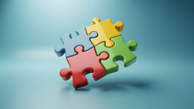Four colorful puzzle pieces interlocked together forming a cohesive unit against a soft blue background
