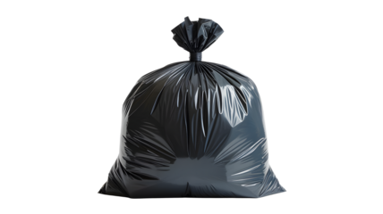 Tied black trash bag isolated conveys household waste, cleanliness and removal services, perfect for environmental awareness and waste management campaigns