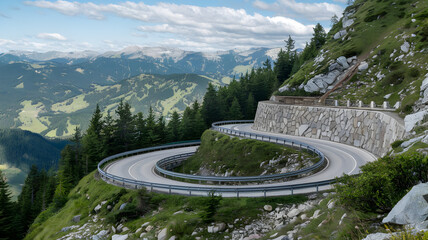 A winding mountain road under a blue sky through a verdant alpine landscape