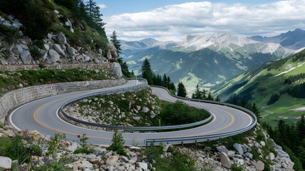 A winding mountain road under a blue sky through a verdant alpine landscape