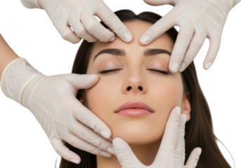 Woman s face examined by gloved hands isolated on transparent background