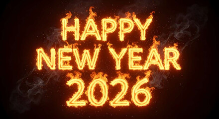 Happy New Year 2026 Text in Fire Flames with Dark Background