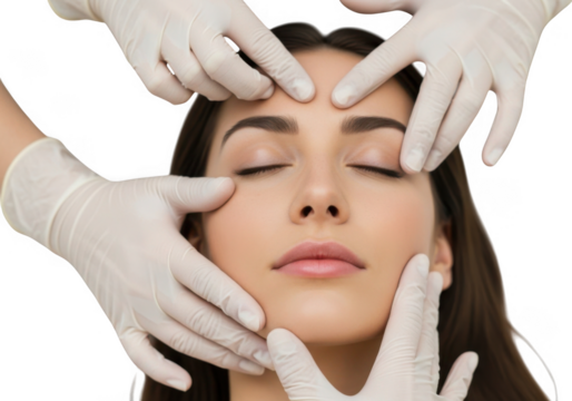 Woman s face examined by gloved hands isolated on transparent background