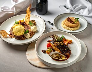 Gourmet plates of various food artistic plating overhead shot on a table