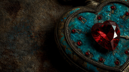 Vintage clock in the shape of heart with turquoise glass and red gemstone on grunge background, concept banner for Valentine's Day, space for text, love theme, digital art