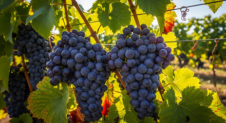 Fototapeta premium Sunlit vineyard grape clusters hang heavy on vines, emerald leaves framing deep purple fruit, vibrant