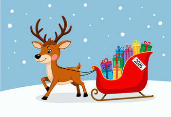 Fototapeta premium Illustrated Reindeer Joyfully Pulling a Festive Sleigh Laden with Wrapped Gifts Against a Snow-Flaked Winter Sky in a Cheerful Holiday Scene