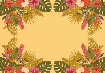 Tropical floral frame with hibiscus, monstera leaves, and bird of paradise flowers arranged symmetrically on a yellow background, creating a vibrant border.