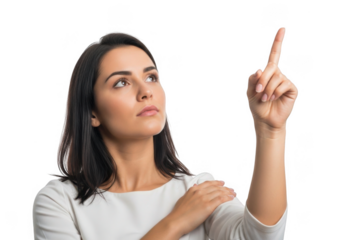 Woman pointing upwards isolated on transparent background