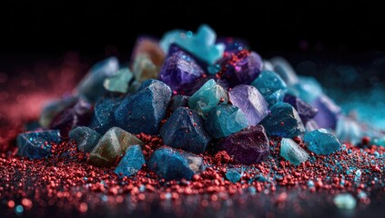 Pile of colorful gemstones on glittery surface