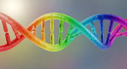 Rainbow DNA double helix glows over a soft gradient background with a sun flare, radiating spectrum