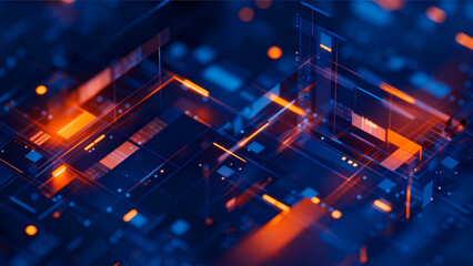 Abstract futuristic digital technology concept with glowing orange and blue geometric shapes and bokeh lights