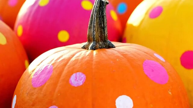 Brightly colored polkadotted pumpkins clustered together