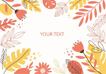 Floral illustration with various leaves and flowers, featuring text space in the center, a decorative design.