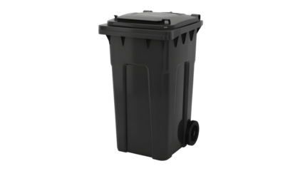 Professional black wheelie bin isolated, ideal for waste management solutions, promoting recycling initiatives, and showcasing modern sanitation equipment for urban areas