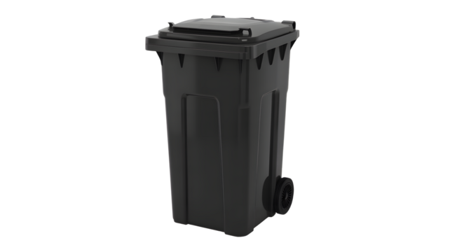 Professional black wheelie bin isolated, ideal for waste management solutions, promoting recycling initiatives, and showcasing modern sanitation equipment for urban areas