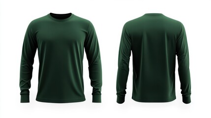 Front and back view, 3D long-sleeve jersey in dark green with subtle gold brush stroke highlights,  isolated on a white background