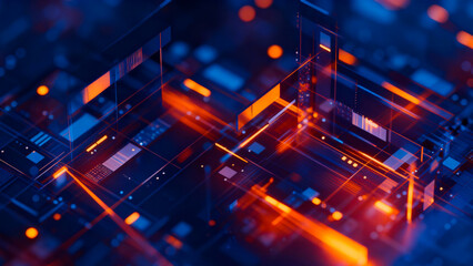 Abstract digital futuristic geometric pattern with glowing orange and blue light streaks and bokeh effects