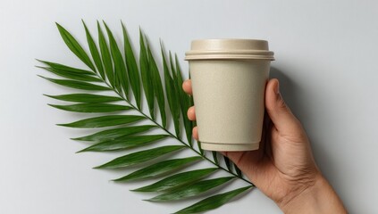 Hand holds light beige disposable coffee cup, next to vibrant green palm frond on white background