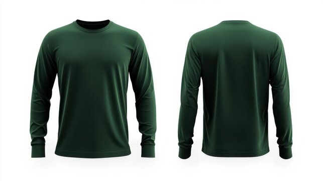 Front and back view, 3D long-sleeve jersey in dark green with subtle gold brush stroke highlights,  isolated on a white background