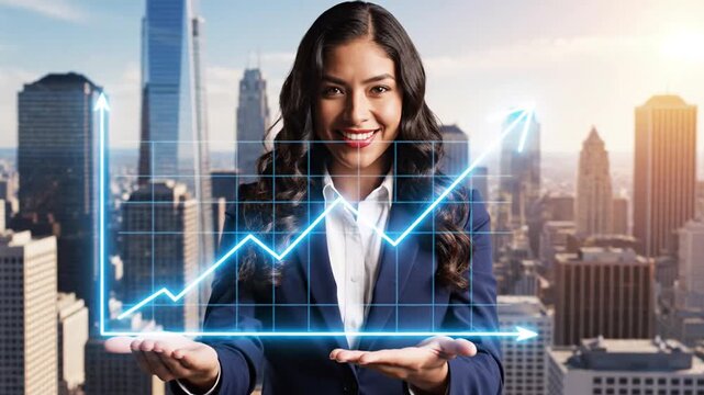Businesswoman presenting growth chart over city backdrop