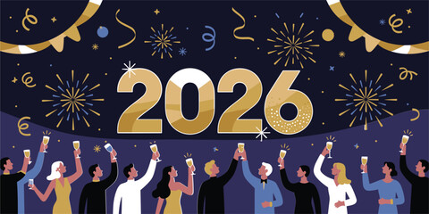 Diverse group of people celebrating the year 2026 with champagne and fireworks new year