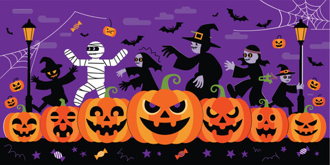 Halloween characters and jack o lanterns parade on purple background pumpkin mummy