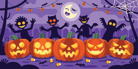 Five carved pumpkins with spooky characters and bats on purple background Halloween