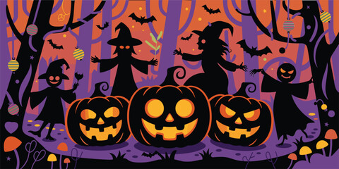Halloween forest scene with pumpkins witches and bats vector