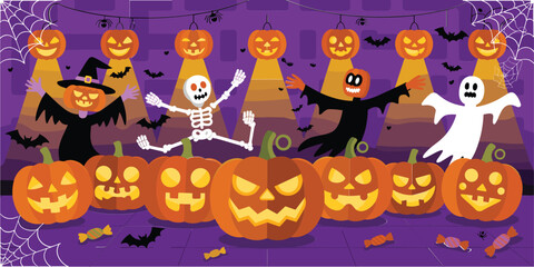 Halloween scene with jack o lanterns skeleton ghost witch and bats pumpkin