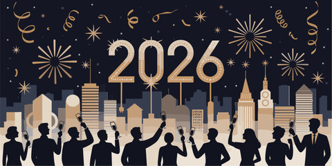 Silhouettes of people celebrating new year 2026 with champagne against cityscape