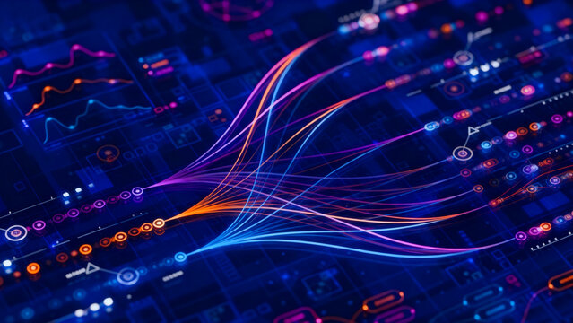 Abstract glowing neon light trails weaving through a dark digital network of futuristic data streams